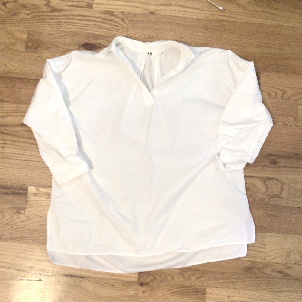 White Uniqlo Women's Cotton Dress Shirt 3/4 Sleeves, Size Small